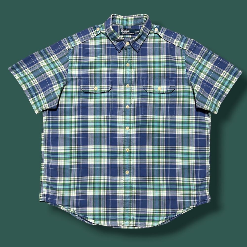 Vintage Polo Ralph Lauren Plaid Shirt Button Up 80s 90s Cotton Blue XXL